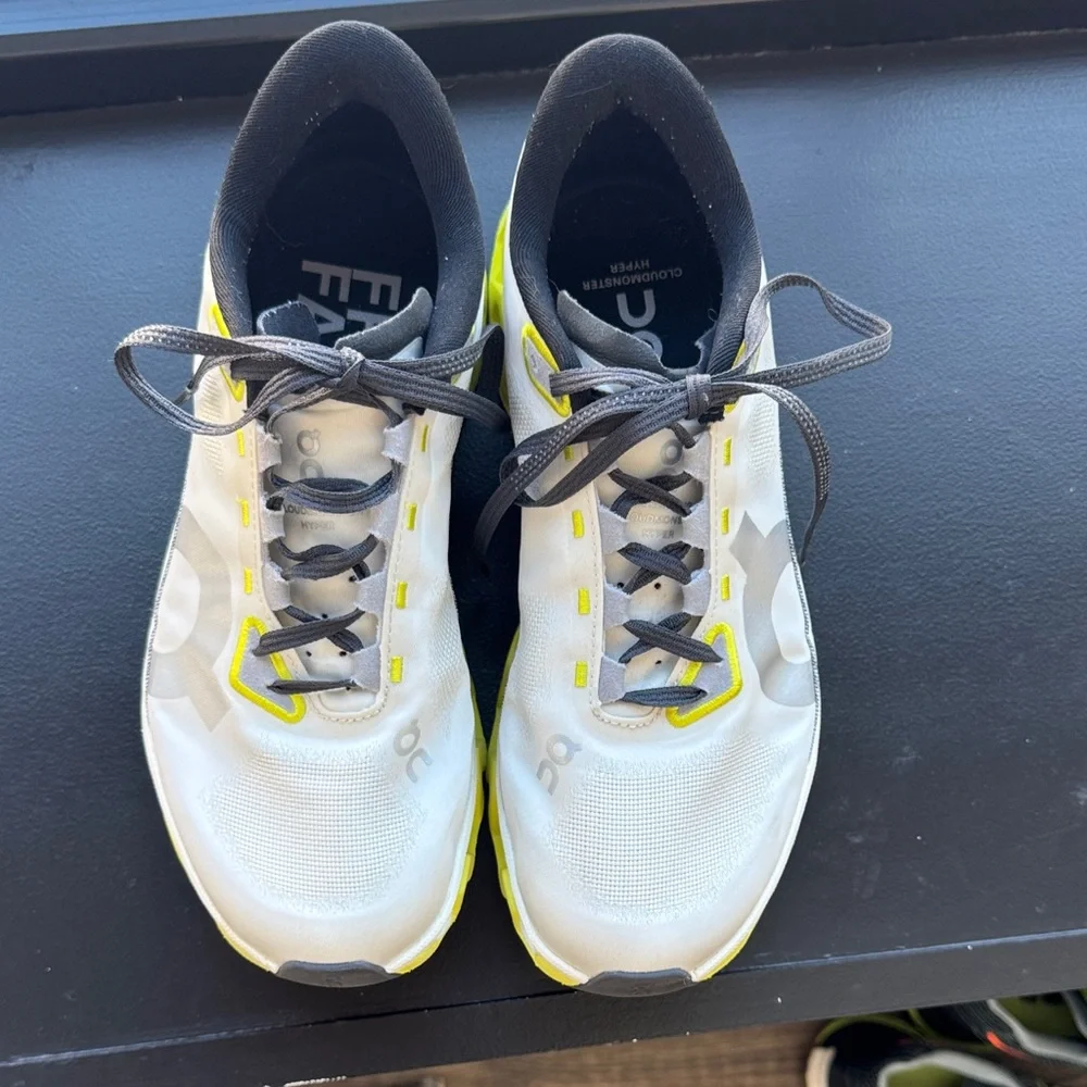 On Running Cloudmonster Hyper White and Neon Yellow Athletic Shoes - Picture 4 of 8